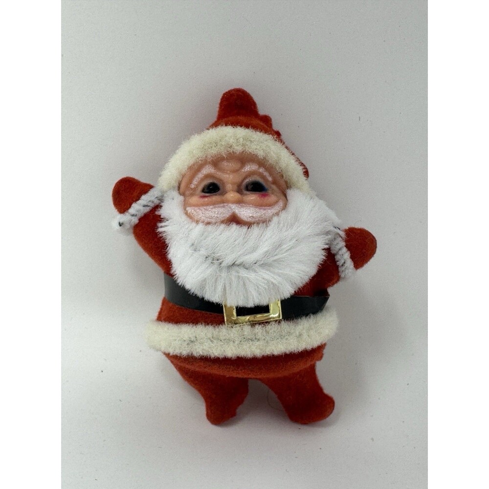 Vintage 60s Flocked Dancing Mini Santa Claus Christmas Felt MCM 3” Figurine